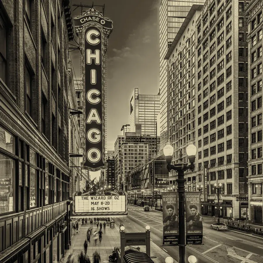 The historic Chicago Theatre marquee in the Loop