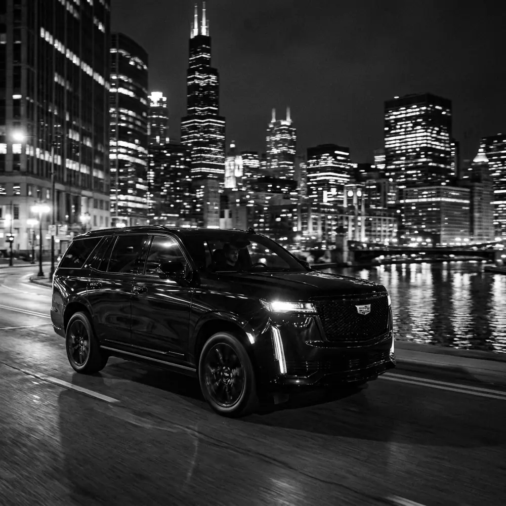 Black Cadillac Escalade parked by the Chicago River at night with the skyline lit up