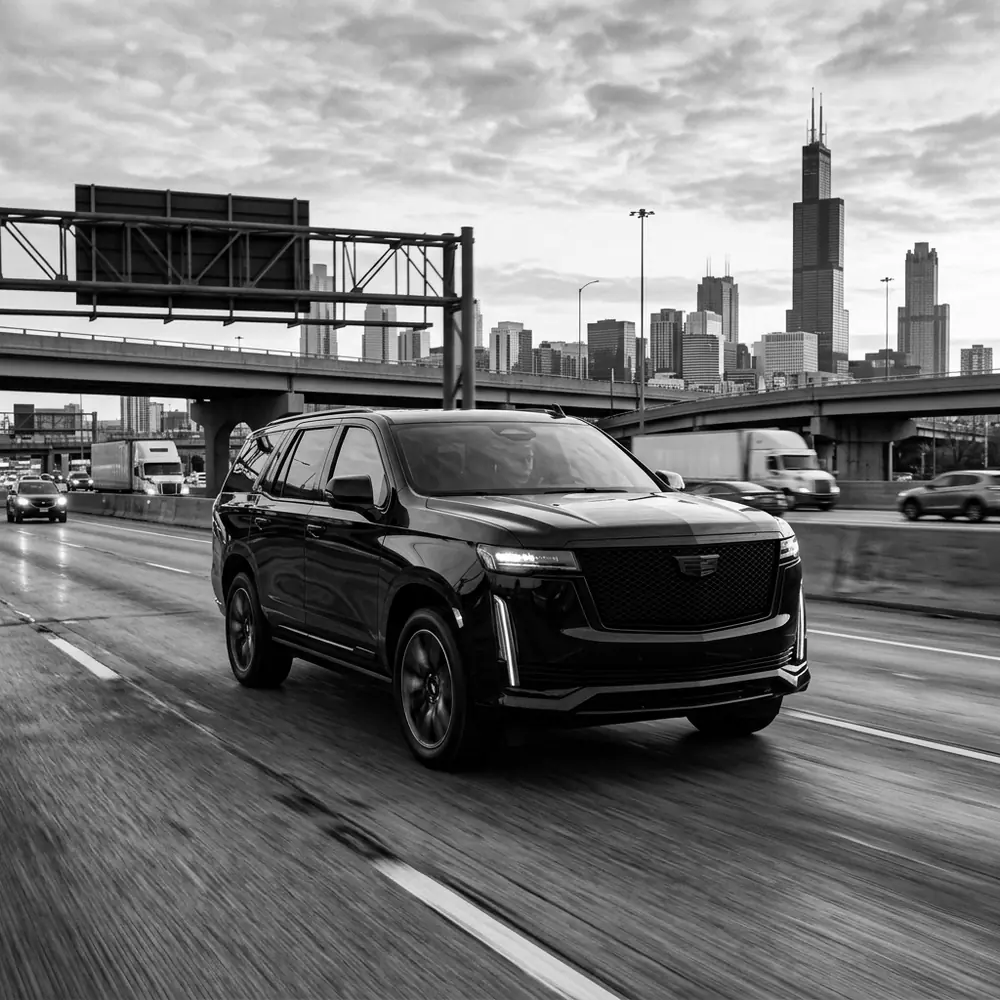 Black Cadillac Escalade on a Chicago expressway with Willis Tower and the skyline behind