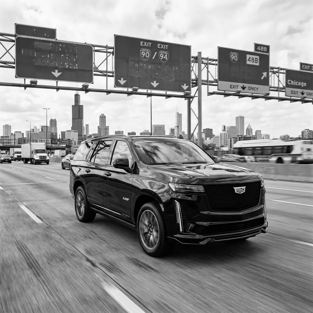 Black Cadillac Escalade driving on the Kennedy Expressway toward downtown Chicago