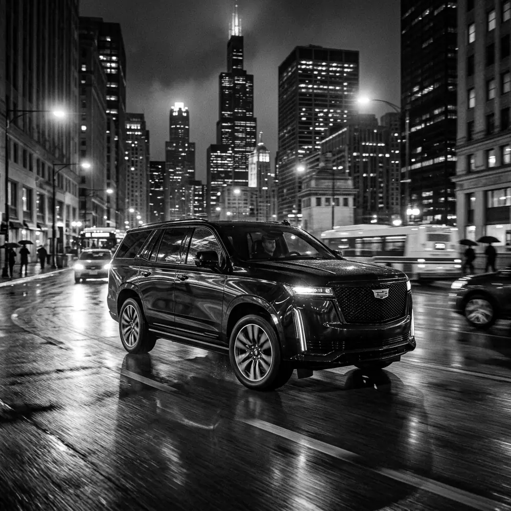 Black Cadillac Escalade on a wet street in the Chicago Loop at night