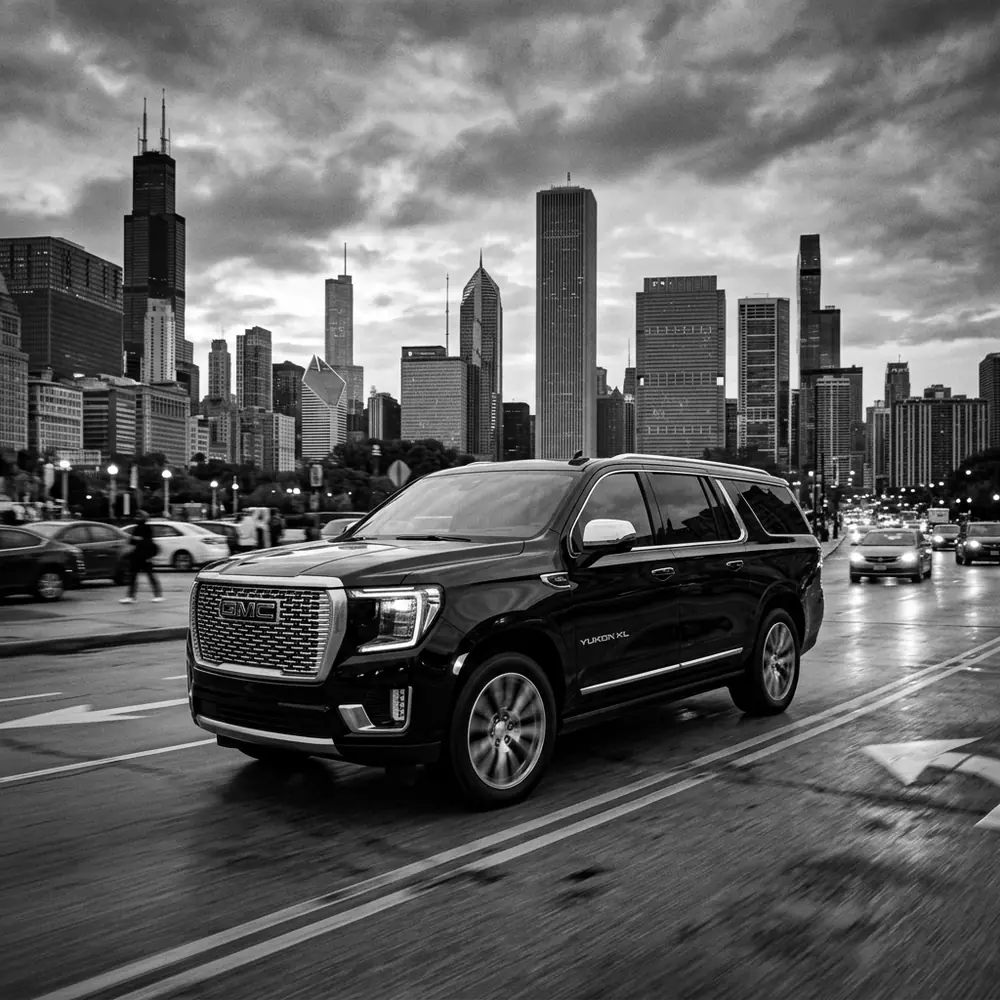 Black GMC Yukon XL SUV driving with the Chicago skyline behind it