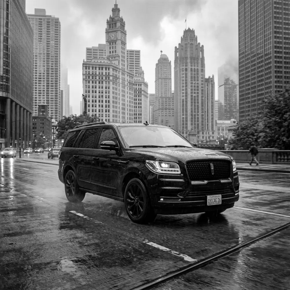 Black Lincoln Navigator on the Michigan Avenue bridge with downtown Chicago towers behind