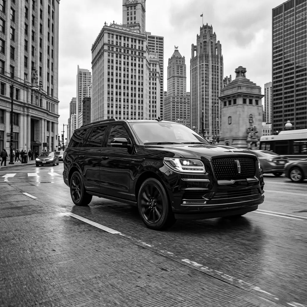 Black Lincoln Navigator on Michigan Avenue near the Wrigley Building in Chicago