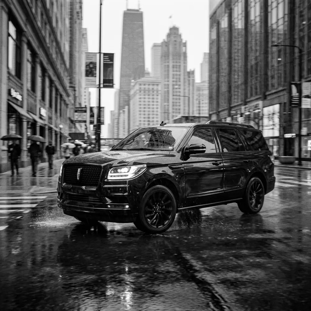 Black Lincoln Navigator on a rainy street in the Chicago Loop
