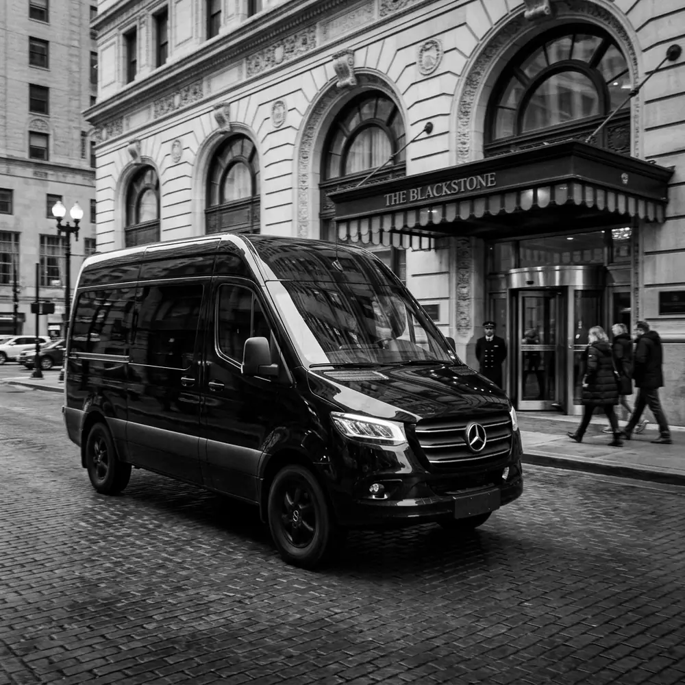 Black Mercedes-Benz Sprinter van parked at a historic hotel entrance on Michigan Avenue in Chicago