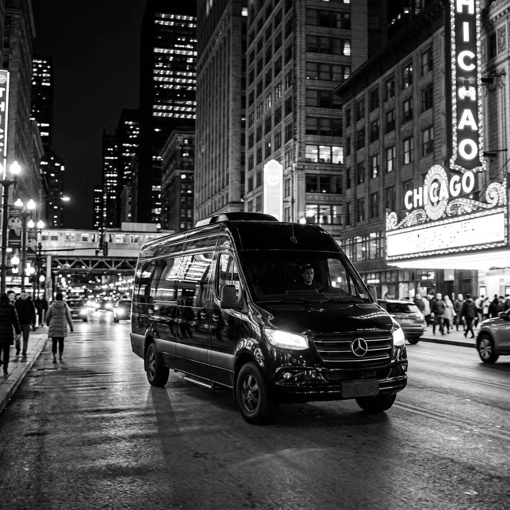 Black Mercedes-Benz Sprinter van on State Street in front of the Chicago Theatre at night