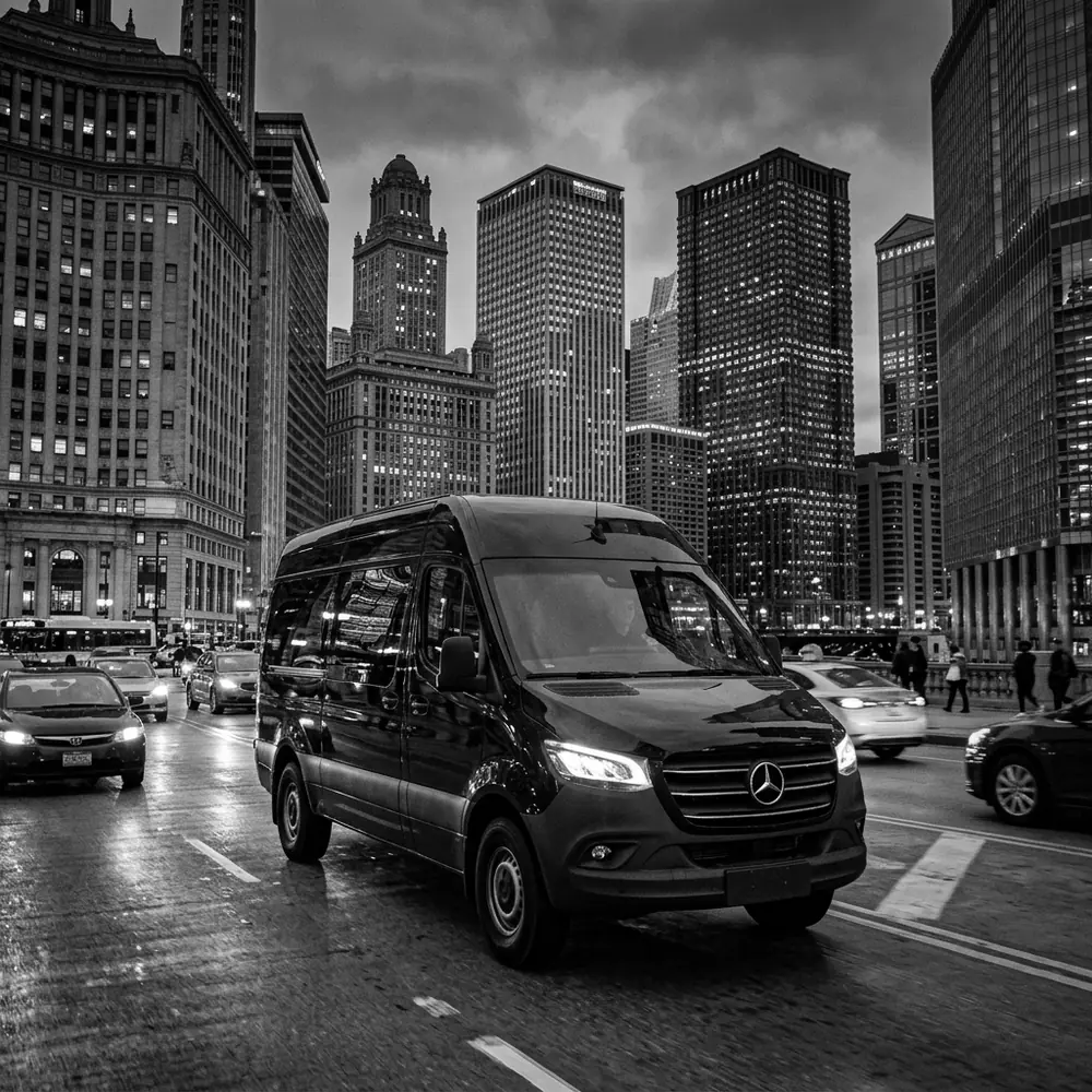 Black Mercedes-Benz Sprinter van on a wet downtown Chicago street in the evening