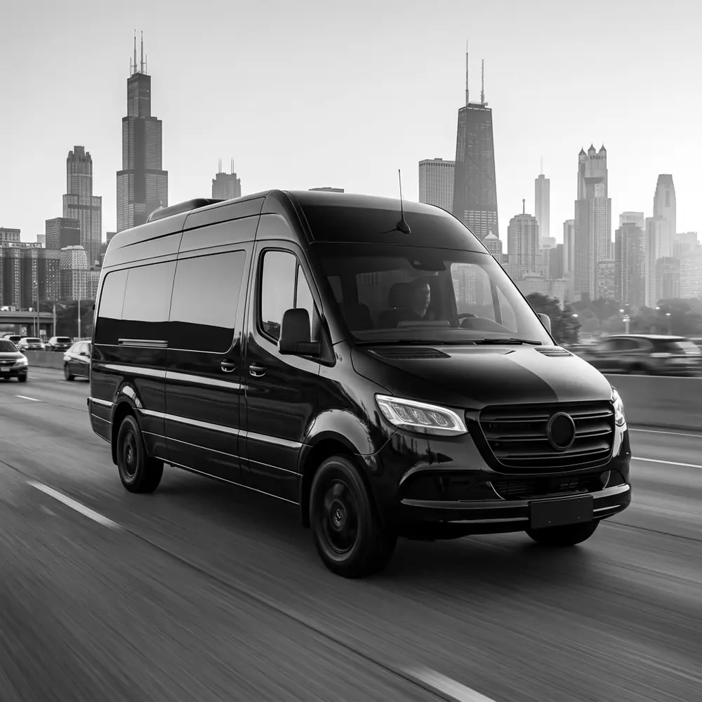 Black Mercedes-Benz Sprinter van on DuSable Lake Shore Drive with the Chicago skyline